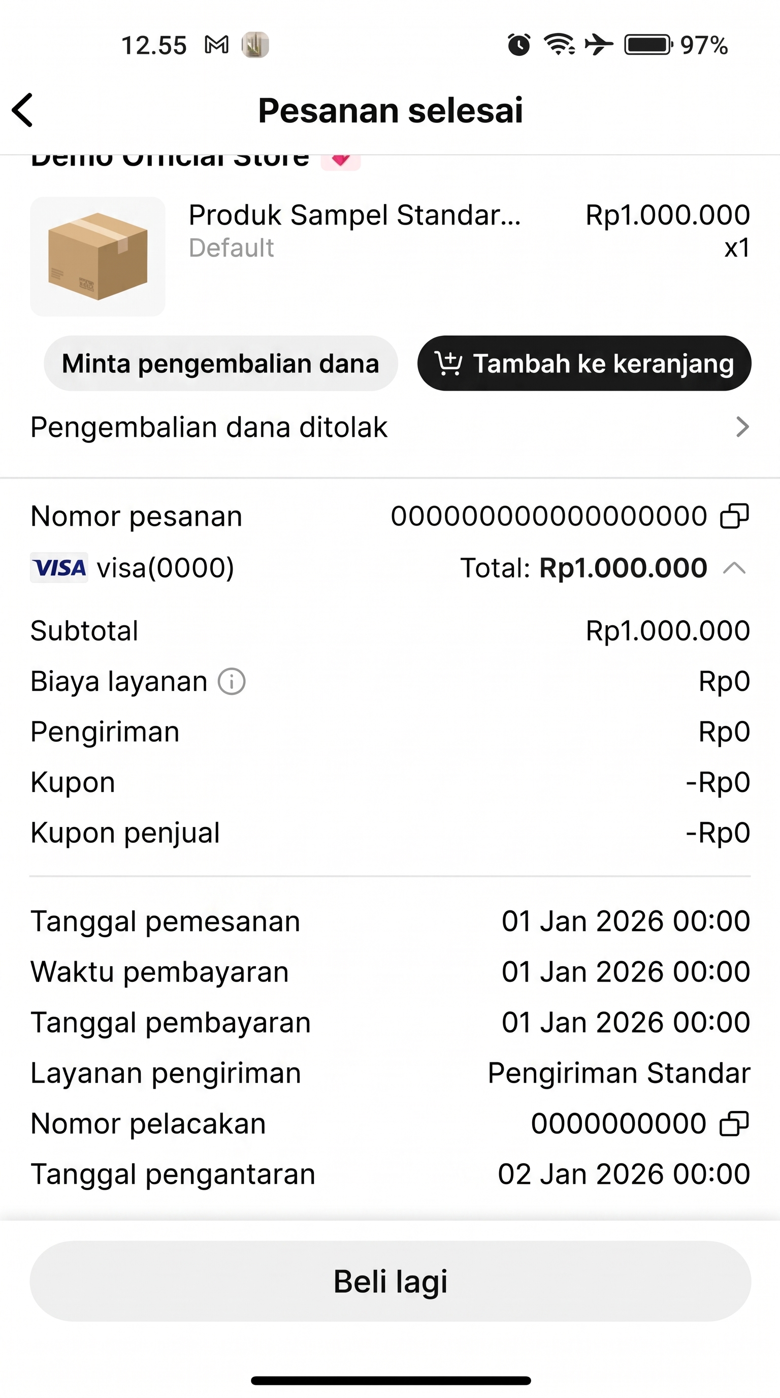Contoh konfirmasi pesanan TikTok Shop (menampilkan nomor pesanan, tanggal pesanan, dan total pembayaran)